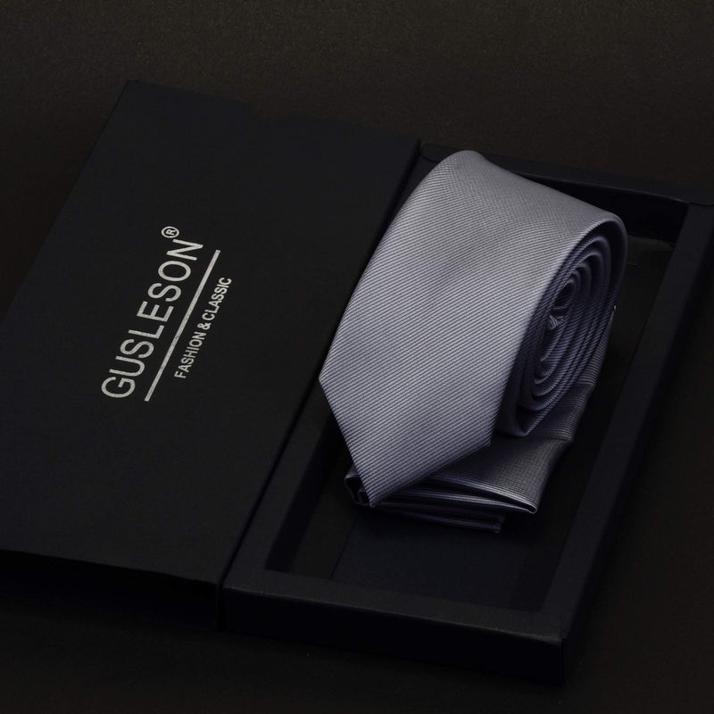 GUSLESON 2.4" Solid Silver Tie For Men Dark Gray Slim Skinny Necktie and Pocket Square Set (0754-05) - Image 4
